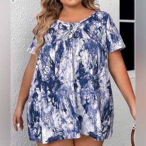 Plus Size Blue Tie Dye Button Detail Top NWT